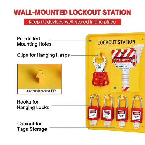 Heavy-Duty Lockout Tagout Station Kit With 4 Brass Cylinder Safety Padlocks, Hasp And OSHA Compliance Tags mounted on wall