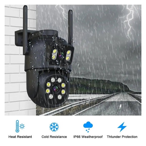 Watch Your Back With Badass 4K 8MP WiFi PTZ Security Camera Kit showing rain protection and night vision features.