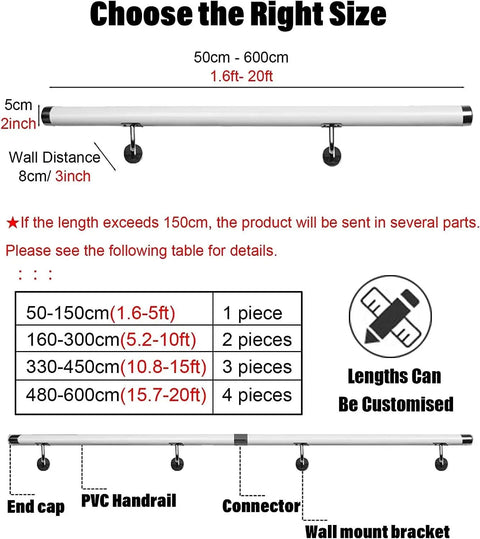 Heavy Duty Non Slip PVC Railing With Wall Mount Brackets For Foolproof Deck Setup with size guide for customization.