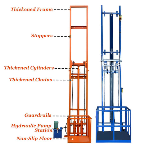 Top Grade 1 Ton Heavy Duty Electric Hydraulic Freight Elevator Wall Mounted Cargo Lift Platform with thickened cylinders and non-slip floor.
