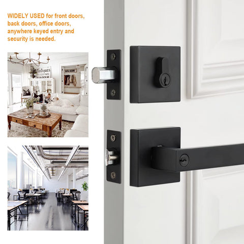 Matte Black Front Door Lock Set Three Pack With Single Cylinder Deadbolt And Keyed Entry Lever on white door with room views
