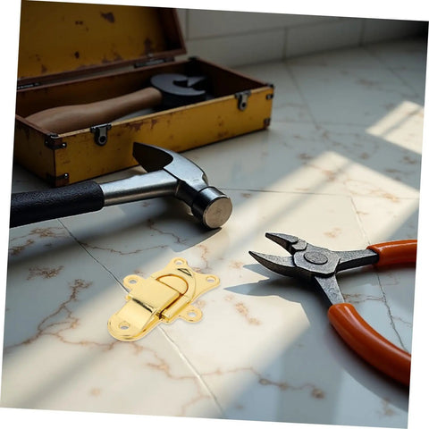 Retro Golden Metal Duckbilled Hasp Lock Toggle Latch Set Replaces Worn Hardware For Tool Chests Jewelry Boxes and Wooden Trunks With Zinc Alloy Fastener on a workbench with tools.