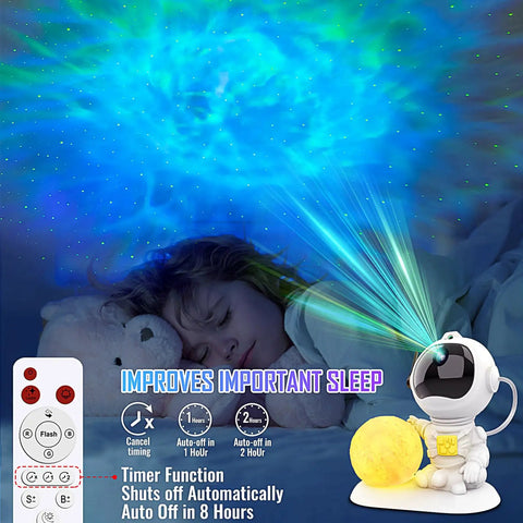 Child sleeping with 3 In 1 Starry Sky Projector Night Light and remote; displays ocean wave nebula and stars.