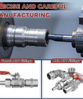 Manufacturing process of stainless steel hose barb fittings 3/8 to 1/2 NPT with images of female and male NPT fittings