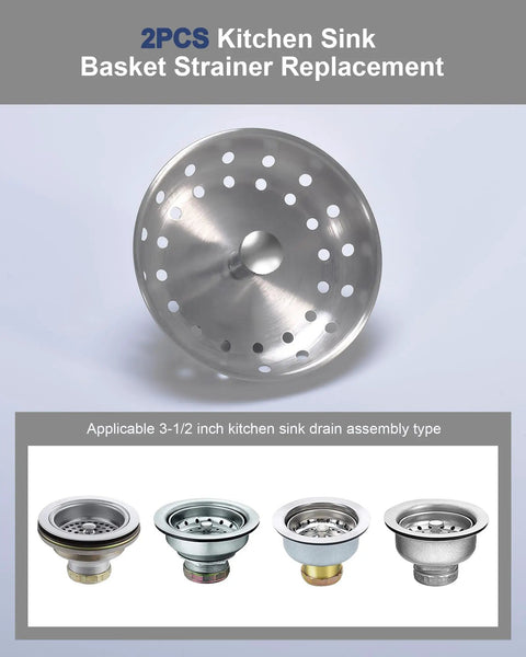 2 Pack Kitchen Sink Basket Strainers Replacement For 3-1/2 Inch Standard Drains Brushed Stainless Steel Body With Center Knob