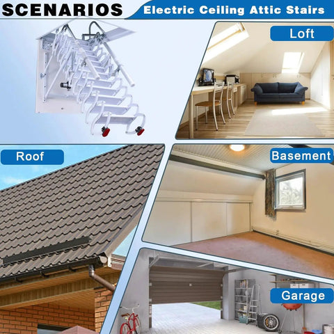 Smooth As Butter Electric Attic Pull Down Ladder Featuring Ace Smart Remote Telescopic Loft Stairs mounted in various home scenarios.