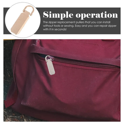 Heavy Duty Zinc Alloy Zipper Pull Tabs Replacement Kit For Backpacks Coats Jackets 12 Piece Set shown on maroon backpack zipper.