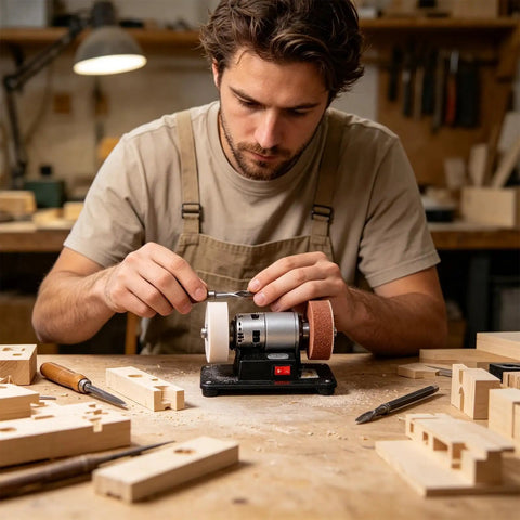 Man using Built Different Mini Bench Grinder With Knockout Torque From A Copper Brushless Motor for wood sharpening tasks.
