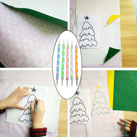 Must Have All In One Carbon Transfer Paper Kit Packed With 100 Sheets In Black Blue Red Yellow Green Plus Translucent Tracing Paper And 5 Dual End Embossing Styluses For Wood Paper Canvas And More 8.3 X 11.7 Inch in use with tree design tracing.