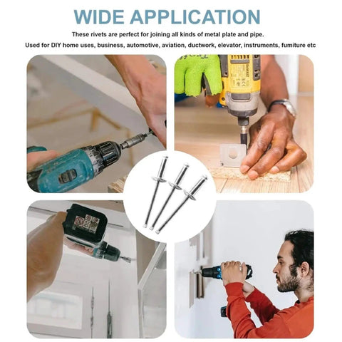 500 Piece Aluminum Blind Rivet Kit Open End Pop Rivets For Boat Duct And Home Repairs Beefed Up Heavy Duty Fastener Set For Quick One Tool Install Vibration Resistant And Strong. Aluminum rivets used with drill for home, duct, and door repairs.