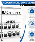 Beefy 5 Tier Wire Shelving Unit with Brake Wheels holds kettlebells, showcasing 250kg capacity per shelf, chrome finish.