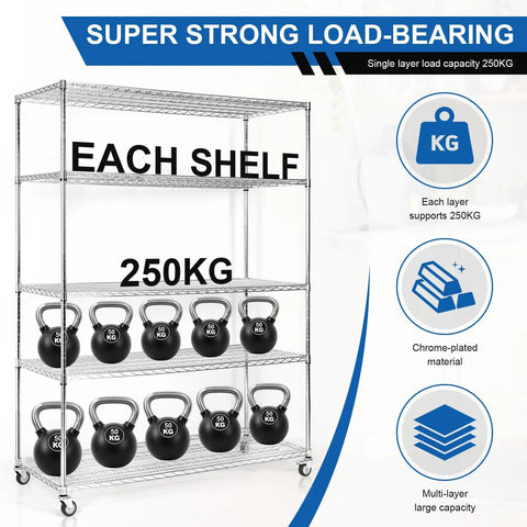 Beefy 5 Tier Wire Shelving Unit with Brake Wheels holds kettlebells, showcasing 250kg capacity per shelf, chrome finish.