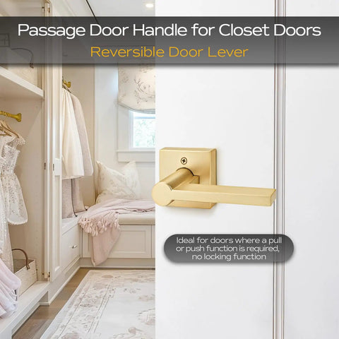 4 Pack Satin Brass Passage Door Knobs And Levers For Hall And Closet Doors, Keyless Interior Door Handles in modern setting