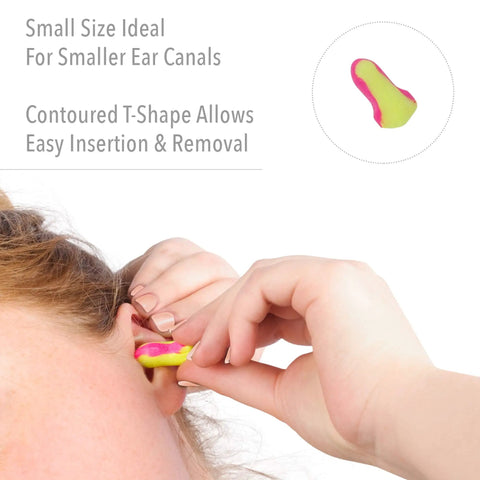 Person inserting Laser Lite High Visibility Disposable Foam Earplugs With Self-Adjusting Fit, NRR 32 Noise Reduction, Vibrant Yellow Color