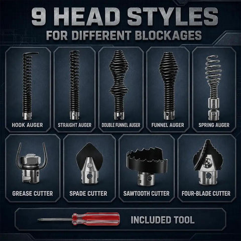 Heavy Duty 10 Piece Drain Cleaning Head Kit For General Wire Mini Rooter showing nine auger head styles for various blockages.