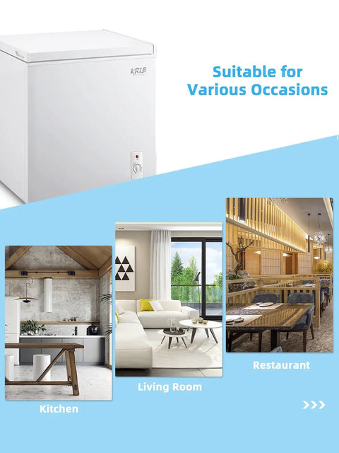 Compact 7.0 Cubic Foot Chest Freezer With Top Lid And White Finish Manual Defrost shown in kitchen, living room, and restaurant settings.