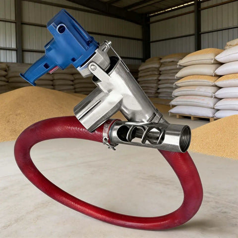 Portable Grain Sucker Auger Conveyor With 2000W High Torque Motor in warehouse, connected red hose, handling granules and powders