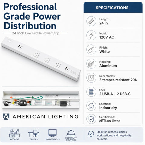 Low Profile Under Cabinet Power Strip With Three Tamper Resistant Outlets And Dual USB A USB C Ports Hardwired Extension Cord White six pack, 24 inch aluminum power strip.