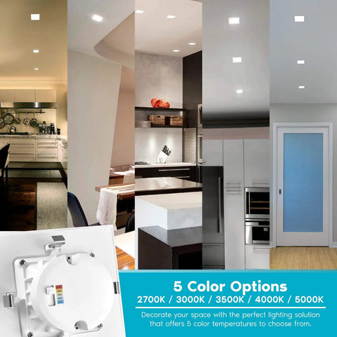 4 Inch Square Recessed LED Can Lights With Dope Color Temperature Options 2700K To 5000K installed in various room settings
