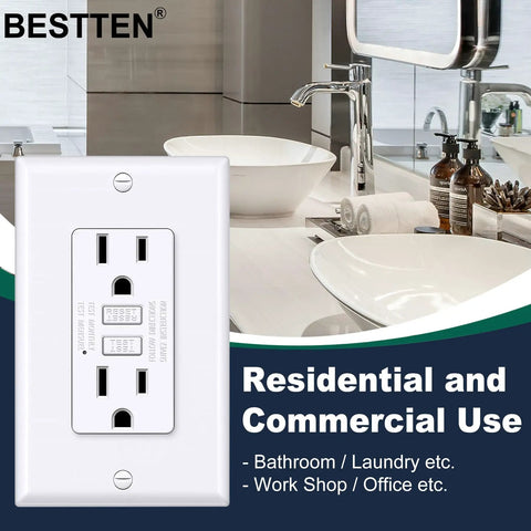 Ultra Slim GFCI Outlet 15 Amp With LED Indicator And Ground Fault Protection No Brainer GFCI Receptacle in bathroom setting