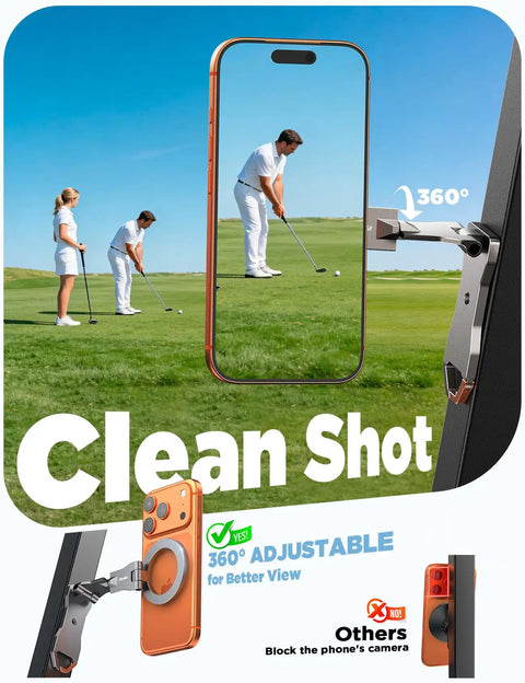 Magnetic Golf Cart Phone Holder For iPhone With 360 Degree Swivel And Tri Fold Arm on golf course showing swing view