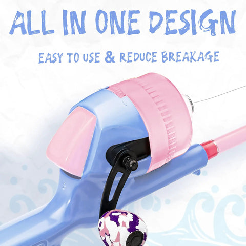 Kid Friendly Portable Telescopic Fishing Rod And Reel Combo With Tackle Box In Lavender And Blossom Pink For Boys And Girls Beginners Over 3 Years Old, Lightweight And Easy To Use Grab And Go, close-up reel detail.