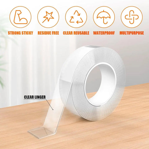 Heavy Duty Double Sided Adhesive Tape Roll With Super Grippy Nano Gel Rock Solid Mounting Strips That Hold Like Crazy Zero Mess Clean Up For Walls And Carpets on a wooden surface.