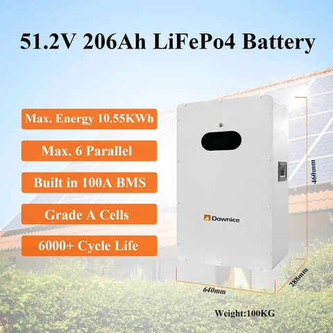 51.2V 206Ah LiFePo4 battery for Heavy Duty 10KW Off Grid Solar Power Kit, designed for home backup and energy storage.