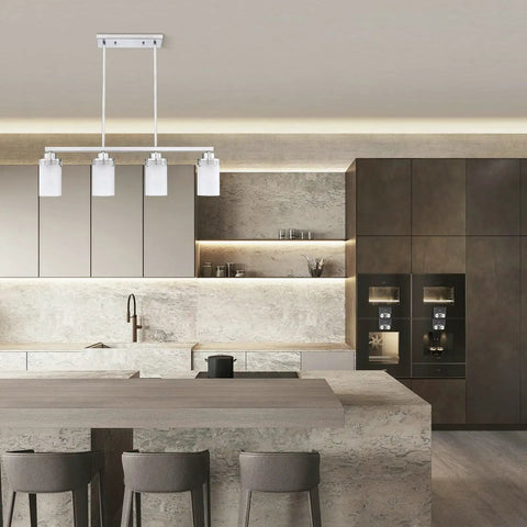 4 Light Kitchen Island Pendant Chandelier In Brushed Nickel Finish With Frosted Glass Cup Shades in a modern kitchen setting