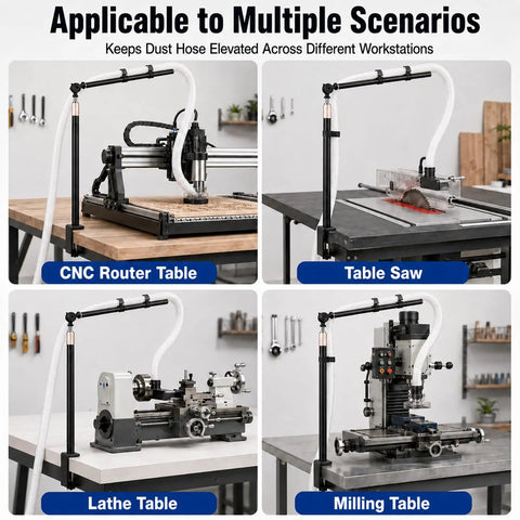 Clamp On Dust Collection Boom Arm With 360 Degree Swivel for woodworking mounted on CNC, table saw, lathe, and milling tables.