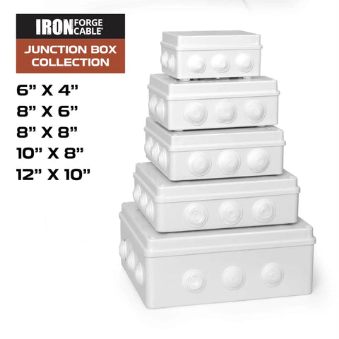 Stack of outdoor electrical boxes in various sizes including Outdoor Electrical Box 8x8x3.2 Inches White Waterproof IP65 ABS Plastic Drillable Cover With Complete Accessories For Weatherproof Wiring Heavy Duty Safe Junction Box For Outdoor Projects