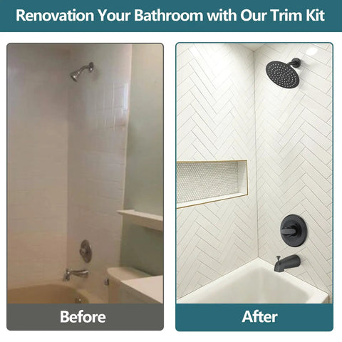 Before and after images showing High Flow Eight Inch Matte Black Rain Shower Faucet And Tub Trim Kit with updated shower design.