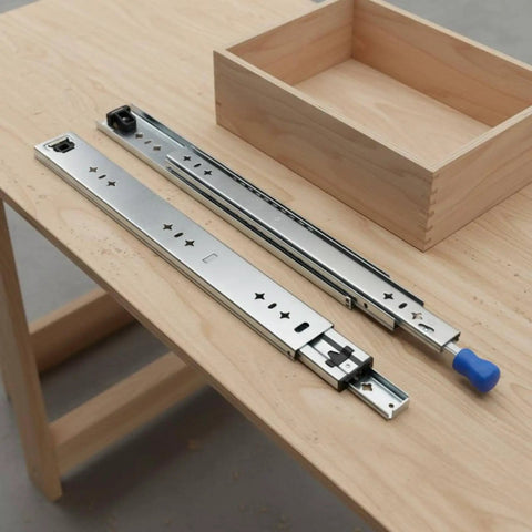 Heavy Duty Drawer Slides With Locking Bearing System, 3-Section Ball Bearing Rails In Cold Rolled Steel On Wooden Table, 60 Cm
