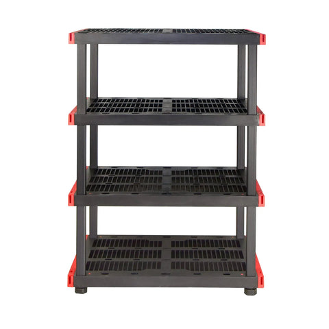 Heavy Duty Four Tier Plastic Storage Shelves For Garage Organization Built Tough With Ample Space Easy Setup Indoors Or Out handles twenty gallon bins.