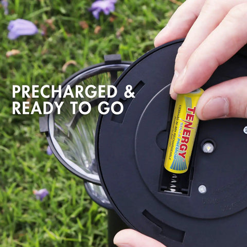Inserting Premium Rechargeable NiMH AA Battery 1300mAh for solar garden lights, illustrating pre-charged and UL certified use