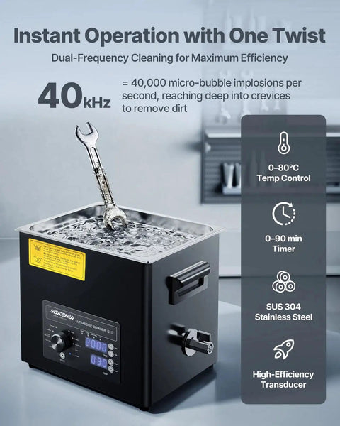 Pro Ultrasonic Cleaner Machine 10L Tub Tank With Digital Heater Timer Knob Control Powerful 40kHz Cleaning with wrench in tank.