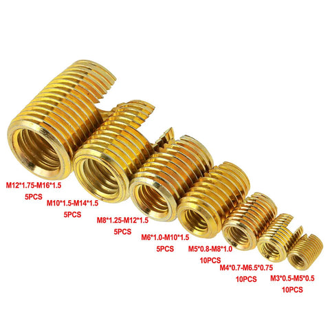 Brass Self Tapping Threaded Inserts Kit For Quick Repairs, Slotted Inserts, 50 Piece Set, No Pre Tap Needed, Durable Fasteners For Wood Plastic Metal, DIY Projects And Auto Repairs, assorted brass sizes