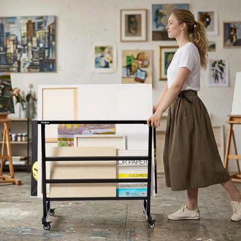 Badass Heavy Duty Metal Art Storage Rack With Zero Sagging 110 Lb Capacity Rock Solid Canvas Print Display Stand in studio.