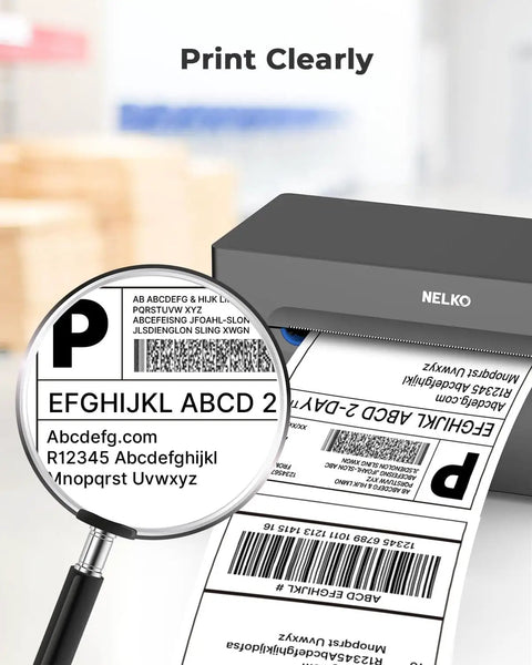 Genuine 4x6 Direct Thermal Shipping Labels For Nelko PL70E Printer shown with magnified label detail and clear printing