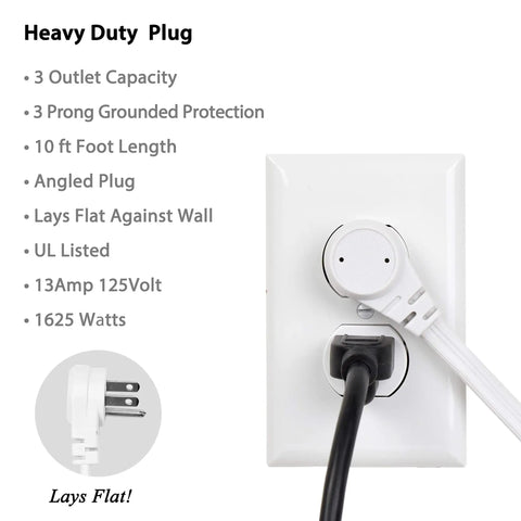 Flat Angled Indoor Extension Cord 10 Ft With Three Outlets UL Listed 3 Prong Power Wire plugged into wall outlet