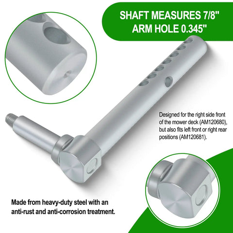 Heavy Duty Right Front Mower Deck Gage Wheel Arm Replacement Kit with 7/8 inch shaft and 0.345 inch hole, made of heavy-duty steel.