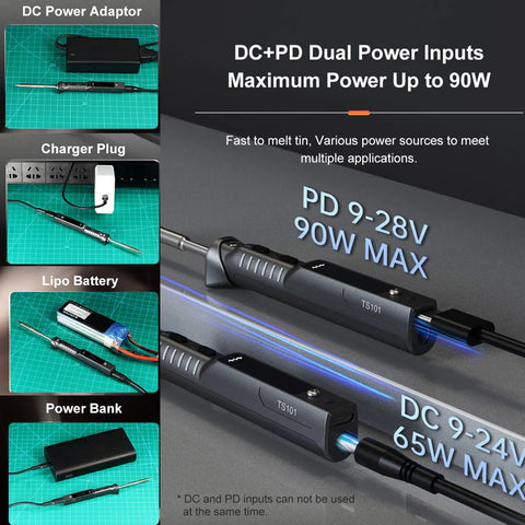 Smart Soldering Iron Upgrade TS101 with PD and DC Power 90W max shown with chargers and power sources