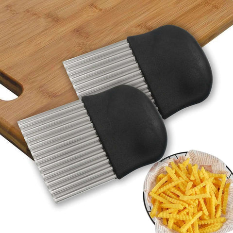Two-piece large crinkle cutter set with stainless steel blades and black ergonomic handles for crinkle fries.