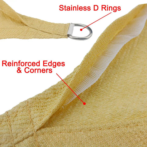 Close-up of yellow Triangle Shade Sail Canopy 12x12x12 Ft Built Tough 200 GSM High Density Fabric with reinforced edges and D rings.