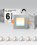 6 Pack 3 Inch Square LED Recessed Lights Canless Ultra Thin Dimmable Ceiling Fixture With J Box displayed with packaging