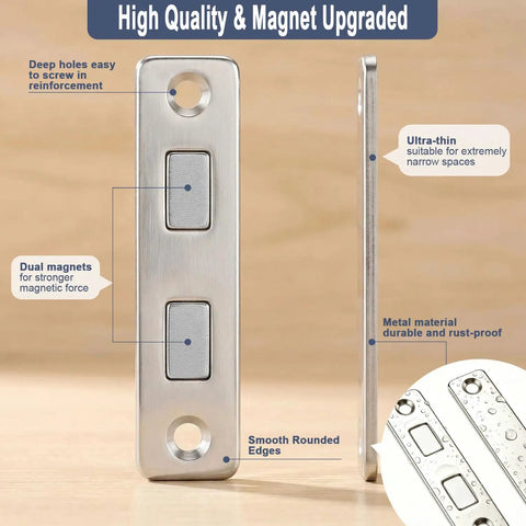 Heavy Duty 4 Pack Magnetic Door Catch Sliding Wardrobe Cabinet Latch With Dual Magnet Core Invisible Design showing dual magnets and metal finish.