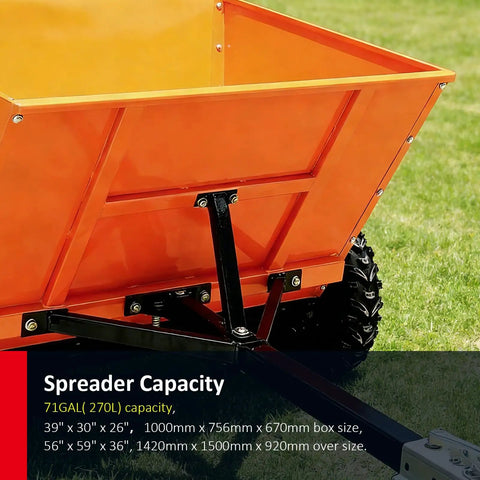 Side view of towable sand and gravel spreader for ATV UTV, 71 gallon 270 L capacity, heavy duty road maintenance equipment.