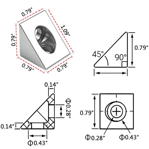 Technical illustration of Two Way Triangle Corner Bracket For 2020 Aluminum Extrusion Frame, 8 Pack 20x20x20mm Connectors with measurements.