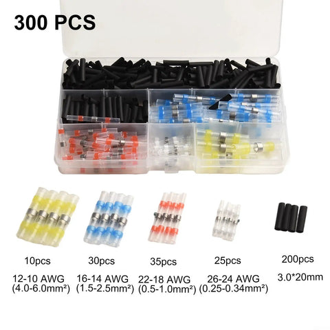 Top Notch Heat Shrink Solder Wire Connectors Kit With 300 Waterproof Butt Terminals And Seal Sleeves For Marine Auto Electrical Cable Splice In Vibrant Red Blue White Yellow Black Assorted Sizes To Fix Any Messy Wiring Job, 300 pcs, 12-26 AWG