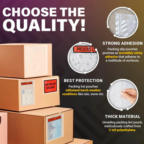 Top Shelf 4x5 Packing List Envelopes With Red Invoice Face and Easy Peel Seal Closure displayed on stacked boxes, highlighting strong adhesion.